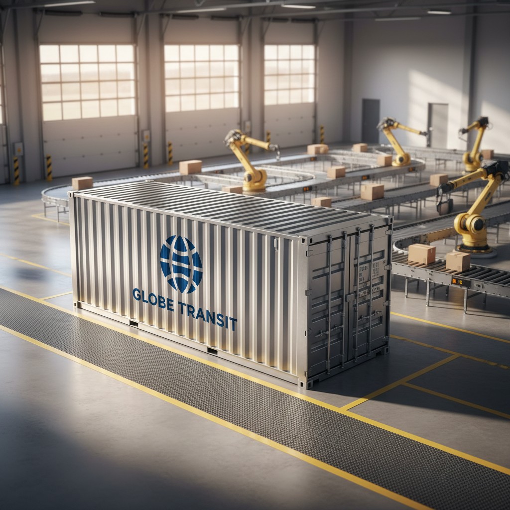 Globe transit cargo shipping container in a vast warehouse.