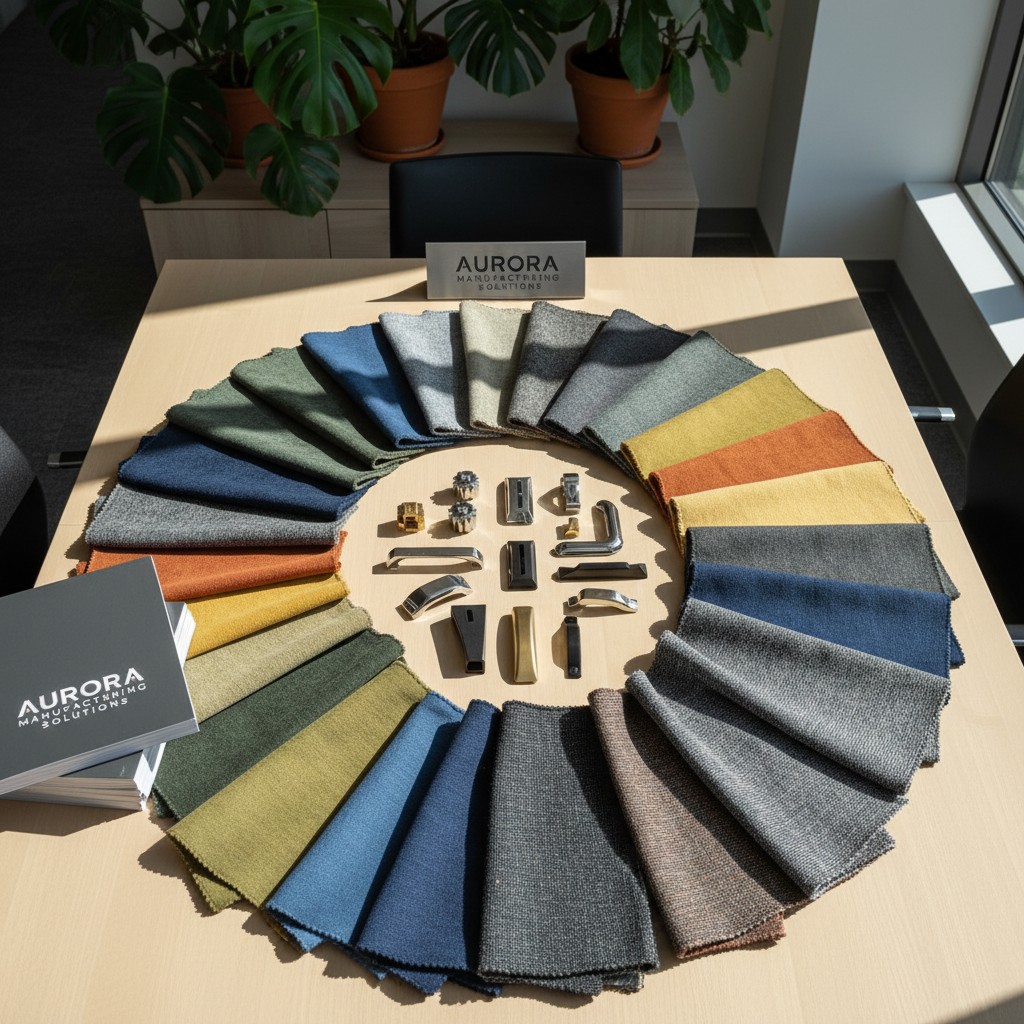 Fabric and knife collection displayed on a table in a room with plants and chairs.
