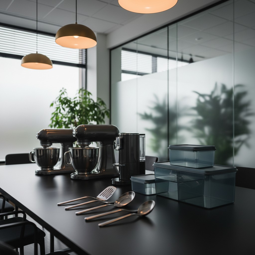 A modern black conference table holds a KitchenAid Stand Mixer, a glass water pitcher, two large clear plastic food storag...