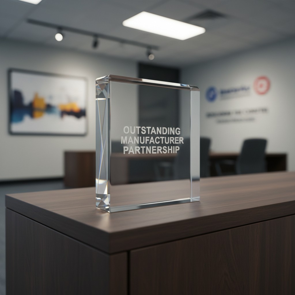 An Award for Outstanding Manufacturer Partnership sitting on the edge of a conference room table with background out-of-fo...