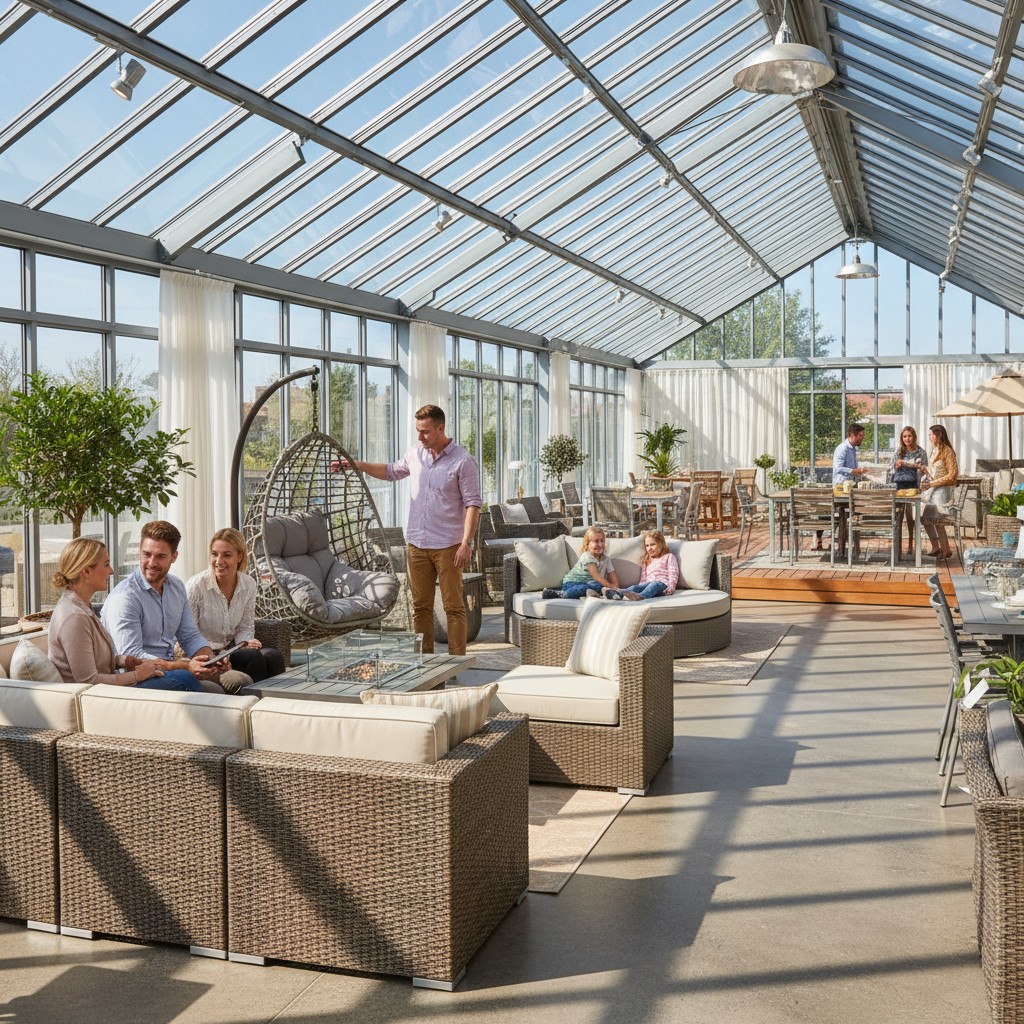 A spacious sunroom with large windows and comfortable seating.